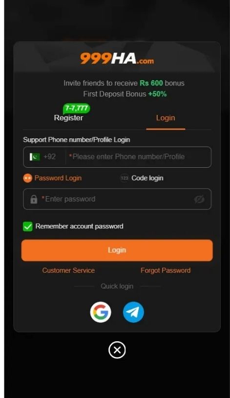999HA Game login screen for account access on Android