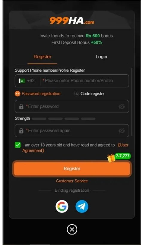 999HA Game registration screen for creating an account on Android